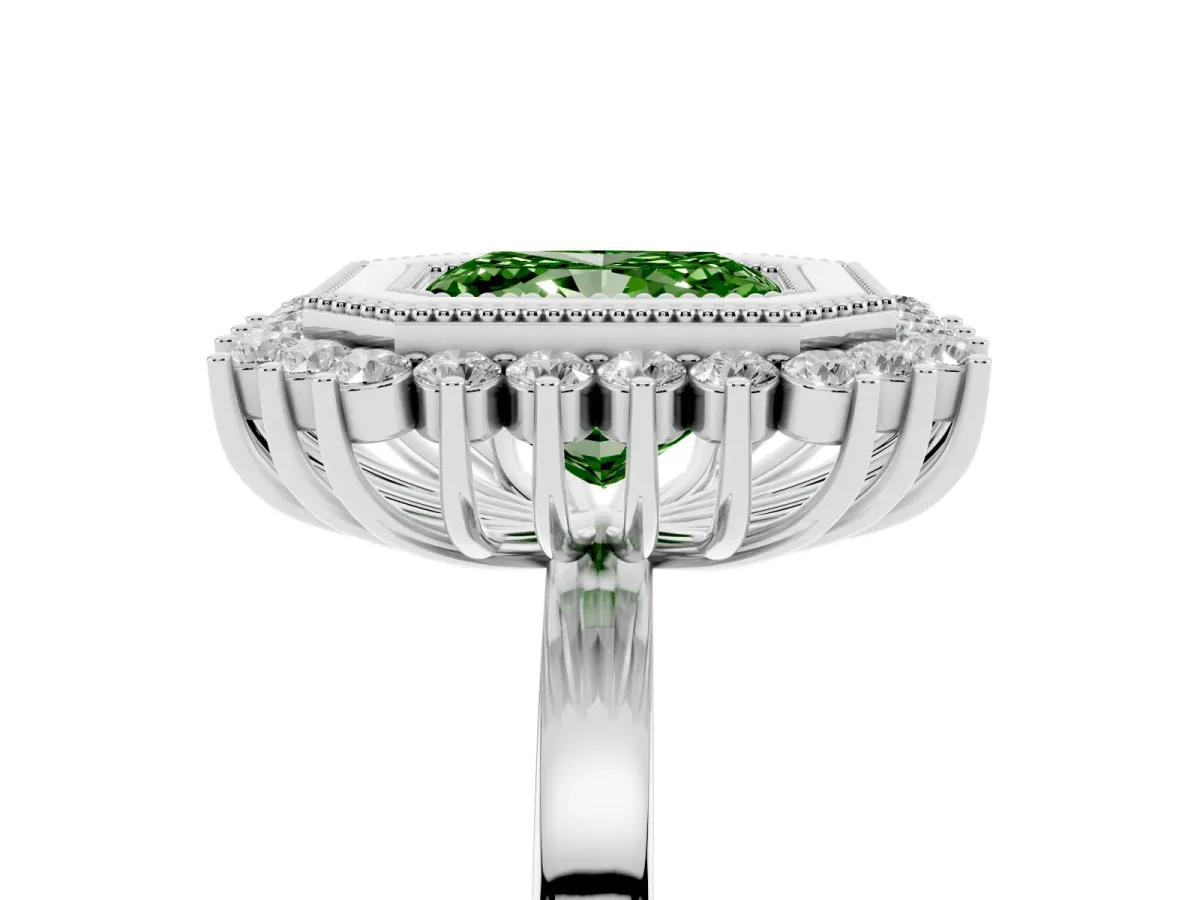 Fancy Green Radiant Cut Halo Diamond Ring with Milgrain Edge and Round Prong Setting Silver