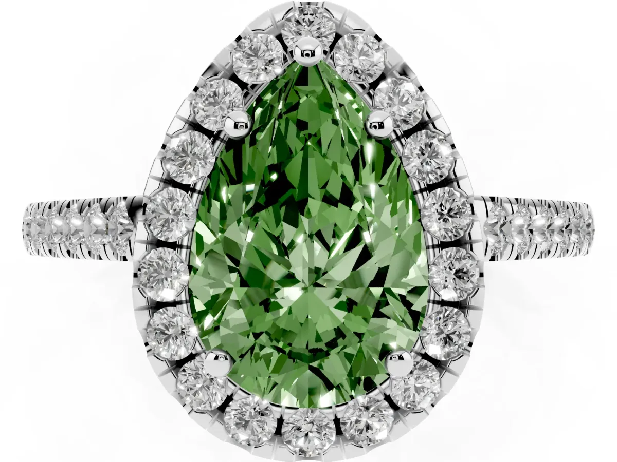Fancy Green Pear Cut Halo Pavé Diamond Engagement Ring with Four-Prong Setting Silver