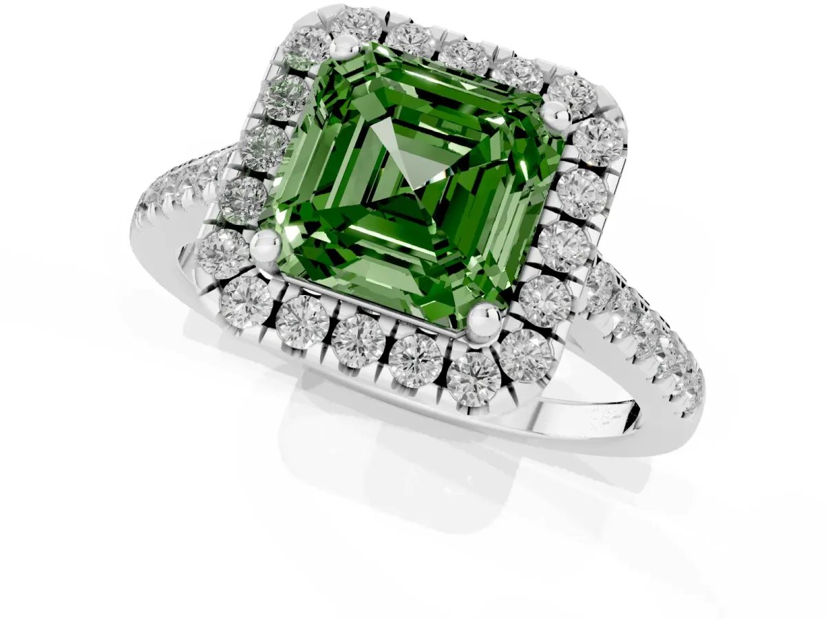 Fancy Green Asscher Cut Halo Pavé Diamond Engagement Ring with Four-Prong Setting Silver