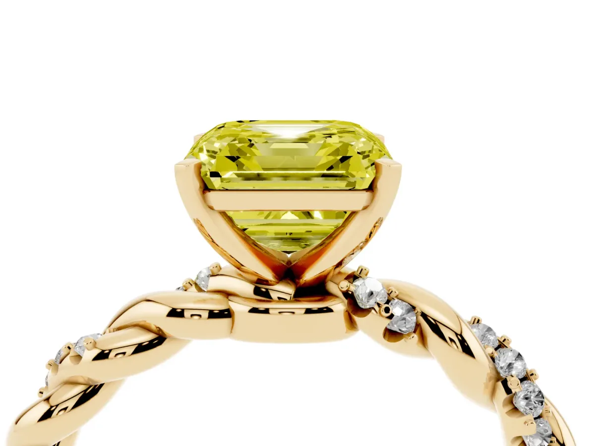 Fancy Yellow Asscher Cut Diamond Solitaire Ring with Twisted Band and Pavé Accents Yellow gold