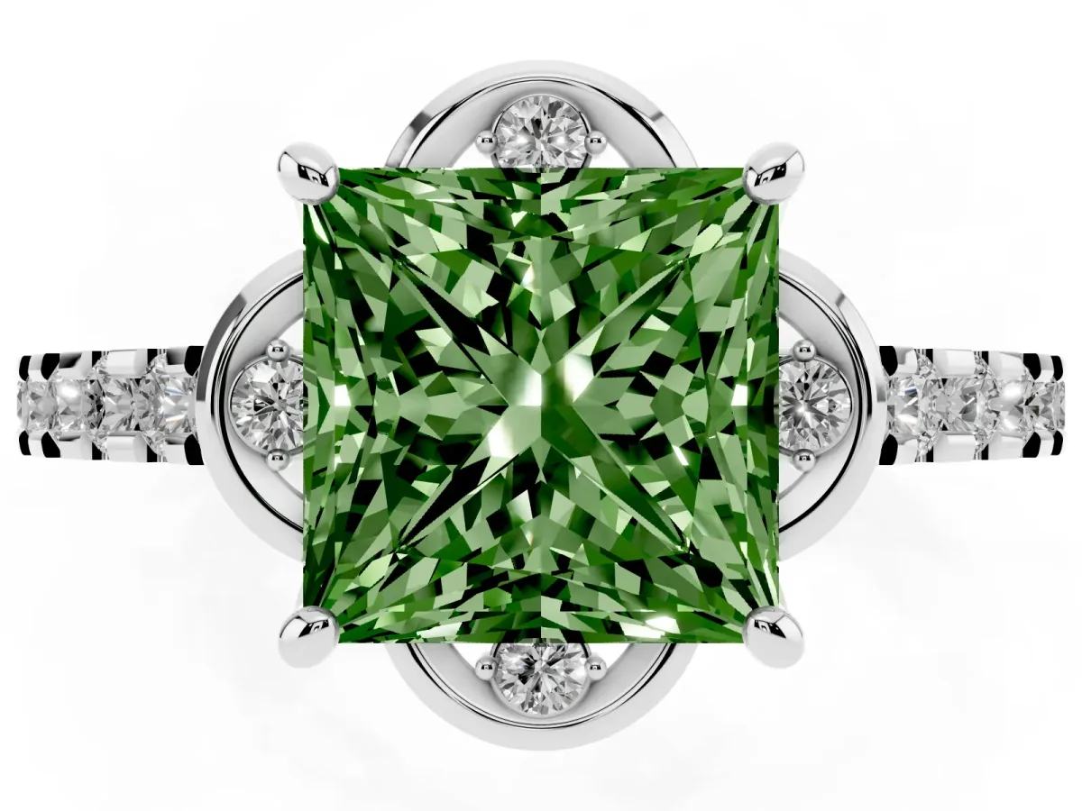 Fancy Green Princess Cut Diamond Ring with Pavé Band and Floral Prong Setting White gold