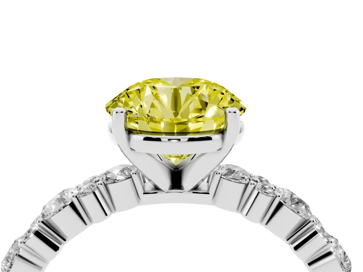 Fancy Yellow Round Cut Diamond Side Stone Solitaire Ring with Round and Four-Prong Setting Silver