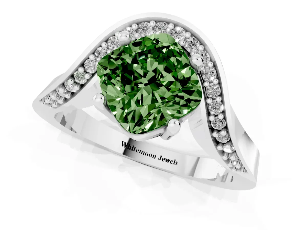 Fancy Green Cushion Cut Solitaire Diamond Engagement Ring with Pave Band and Four-Prong Setting White gold