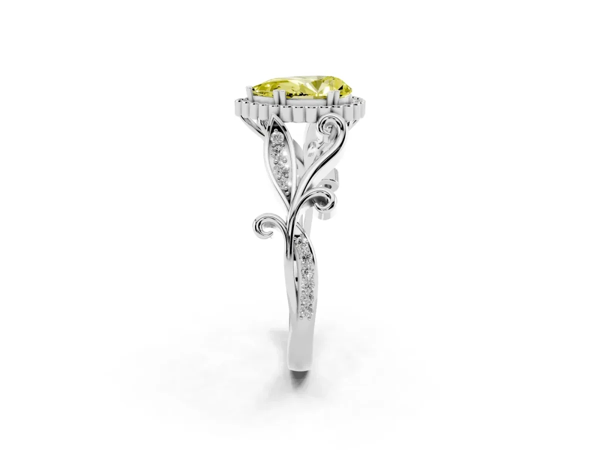Fancy Yellow Pear Cut Diamond Halo Ring with Vintage Split Shank and Four-Prong Setting Silver