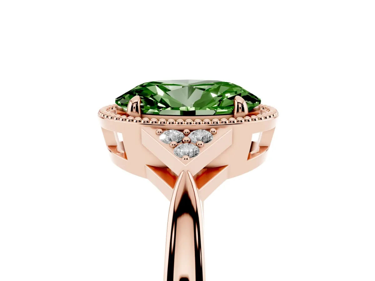 Fancy Green Oval Cut Diamond Halo Ring with Tapered Band and Four-Prong Setting Rose gold