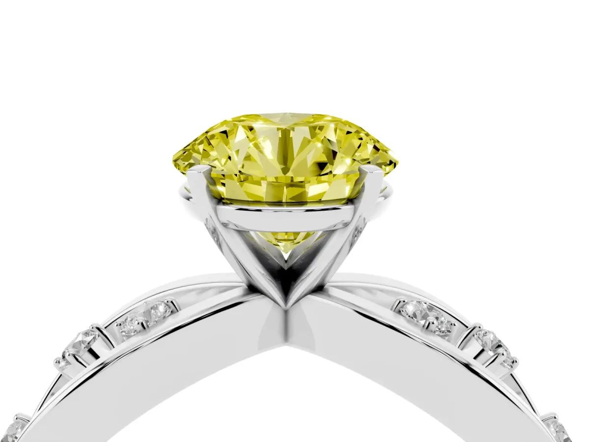 Fancy Yellow Round Cut Cut Solitaire Diamond with Side Stones on Criss-Cross Band and Four-Prong Setting Silver