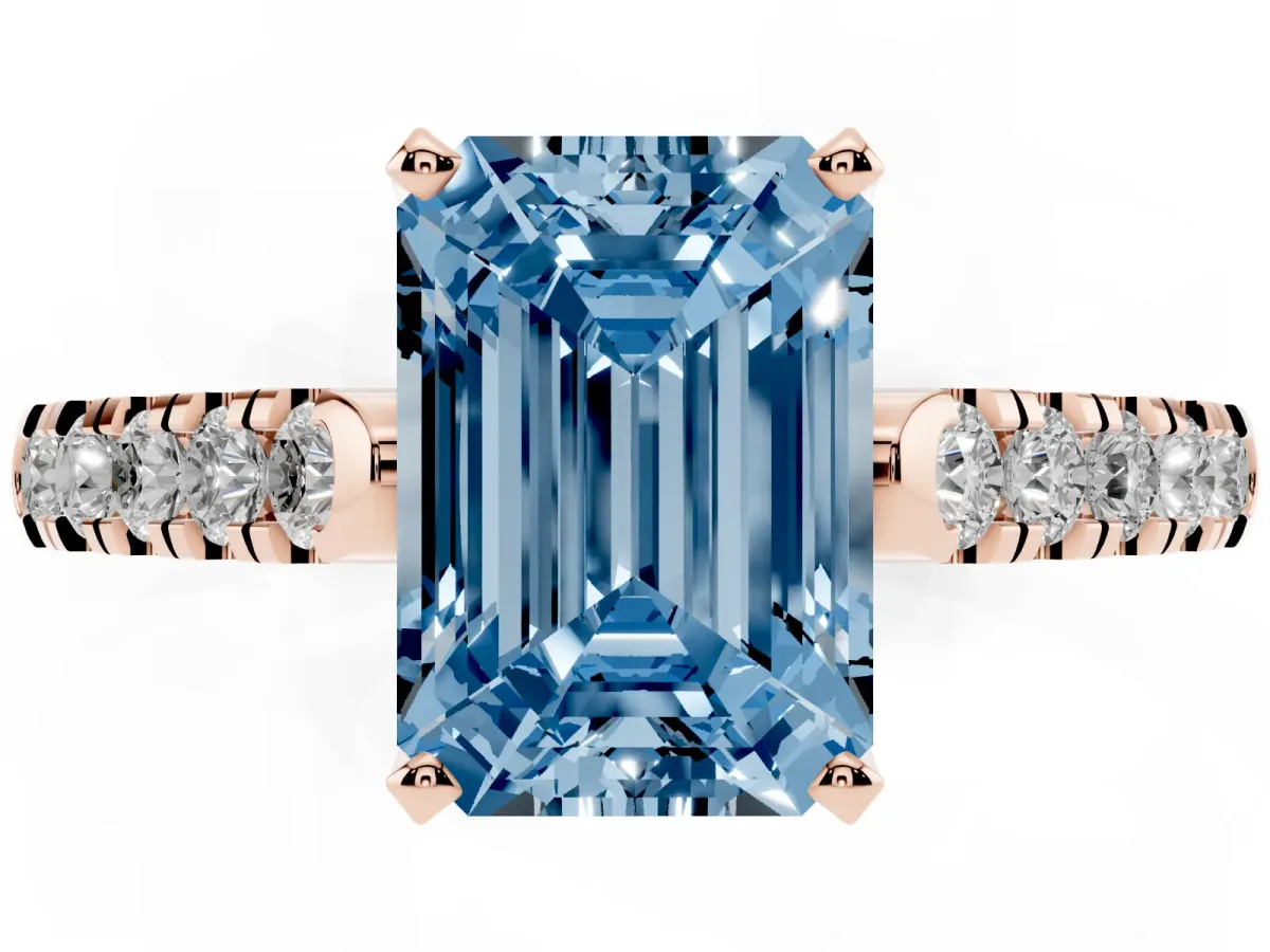 Fancy Blue Emerald Cut Diamond Pavé Band Solitaire Ring with Prong Setting Rose gold