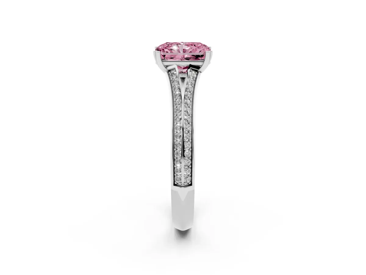Fancy Pink Radiant Cut Diamond Split Shank Engagement Ring with Pavé Band Platinum