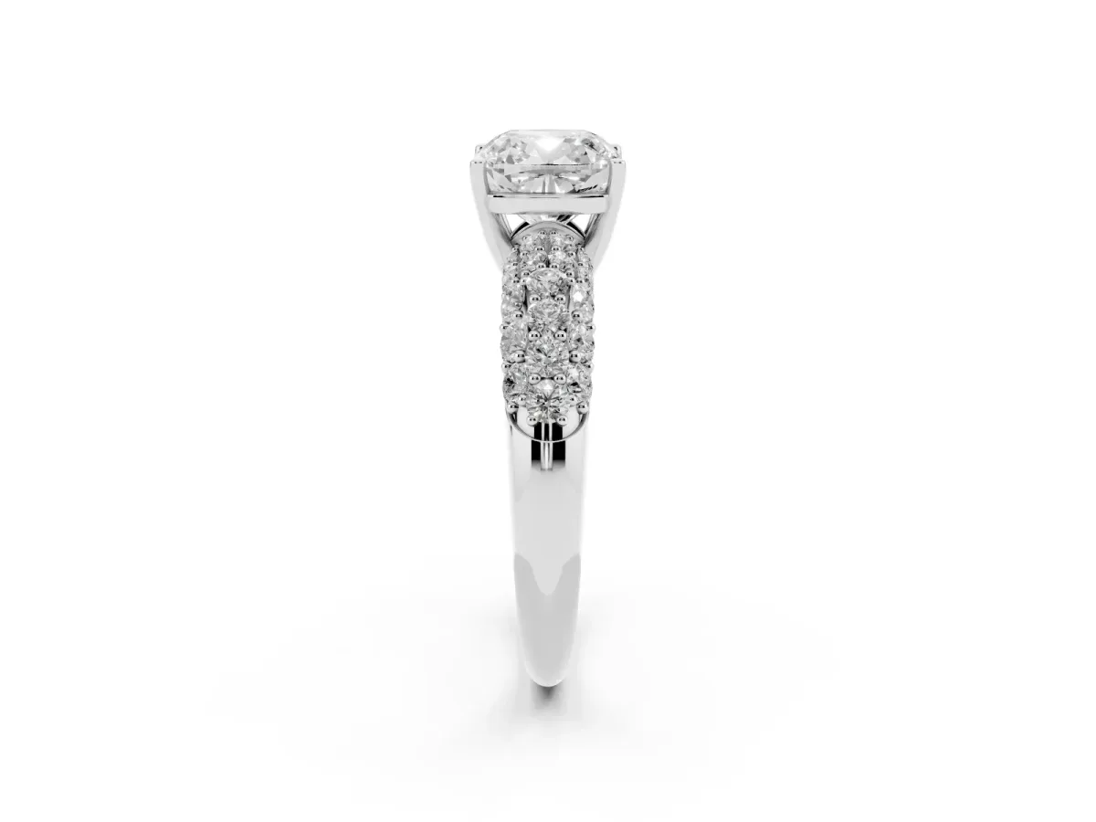 Cushion Cut Diamond Pavé Band Solitaire Ring with Four-Prong Setting Silver