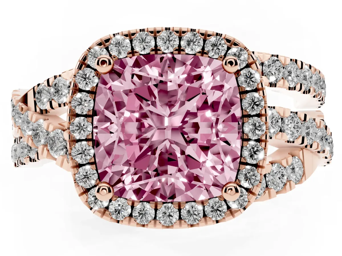 Fancy Pink Cushion Cut Diamond Halo Ring with Round Split Shank and Prong Setting Rose gold