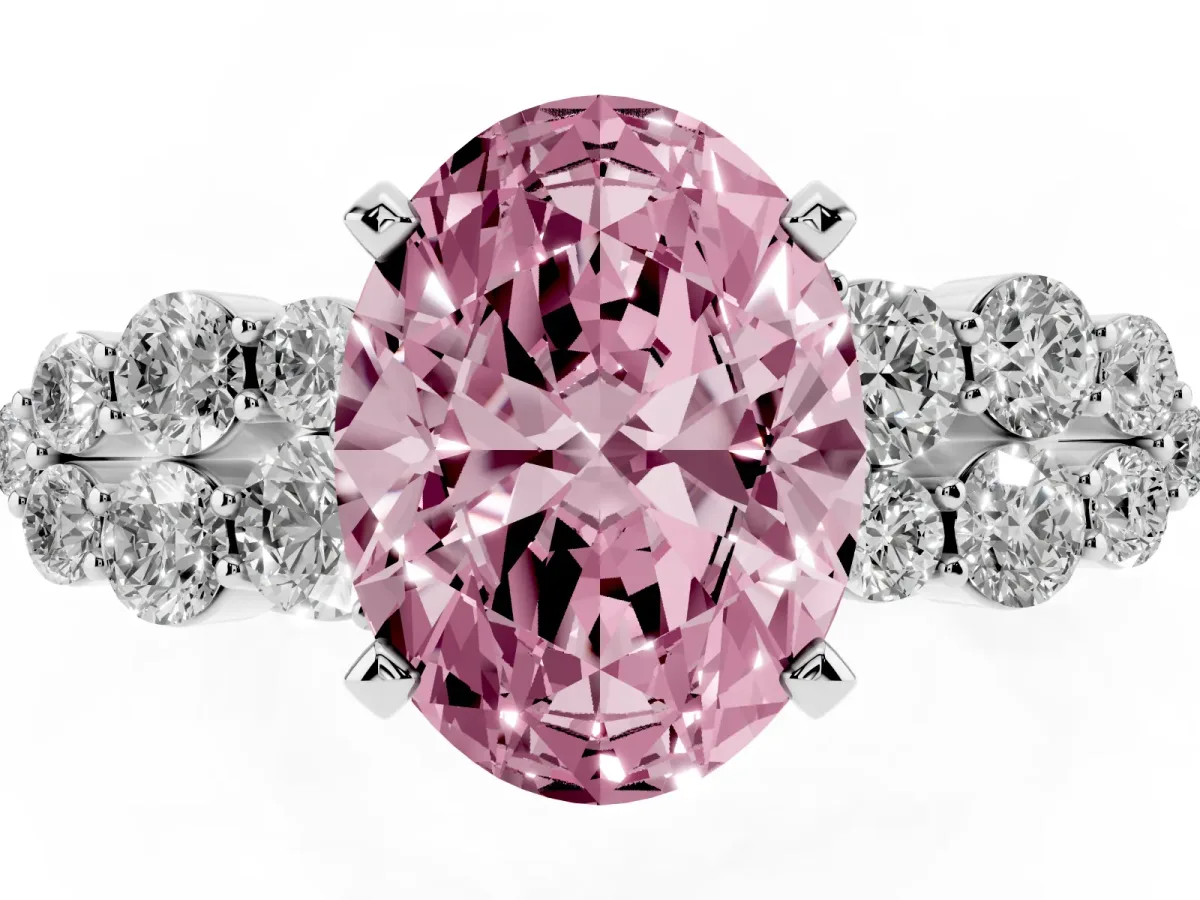 Fancy Pink Oval Cut Cluster Diamond Engagement Ring with Pavé Band and Four-Prong Setting Platinum