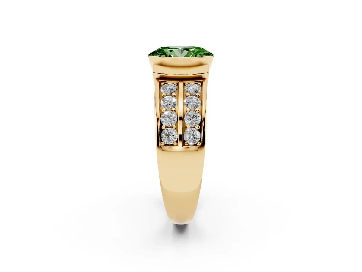 Fancy Green Oval Cut Brilliant Diamond Channel Set Wide Band Ring with Bezel Setting Yellow gold