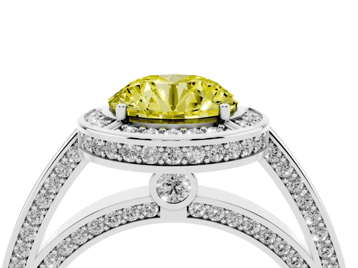 Fancy Yellow Round Cut Cut Halo Pave Split Shank Prong Setting Ring Platinum
