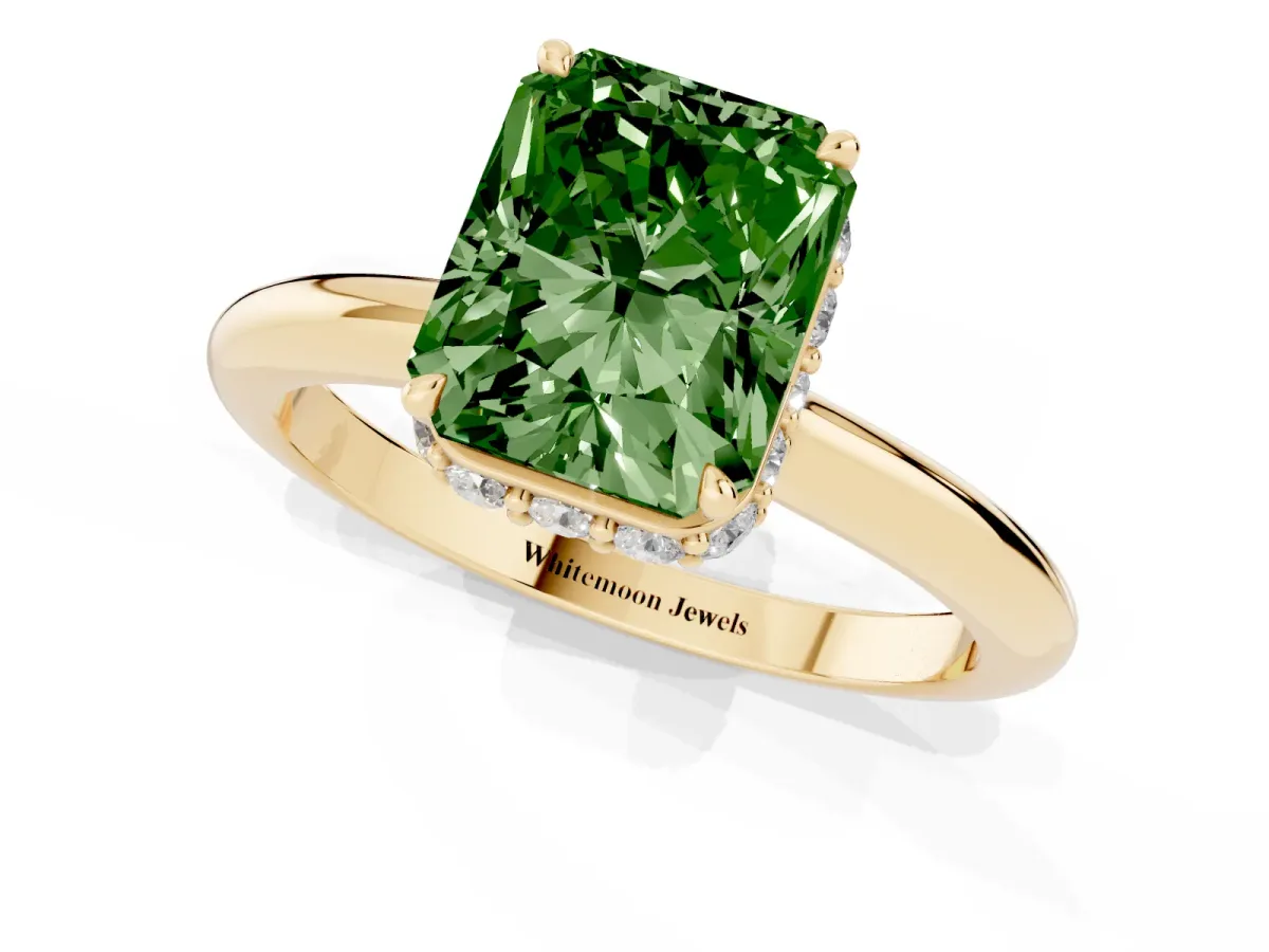 Fancy Green Radiant Cut Brilliant Solitaire Engagement Ring with Six-Prong Setting and Classic Band Yellow gold