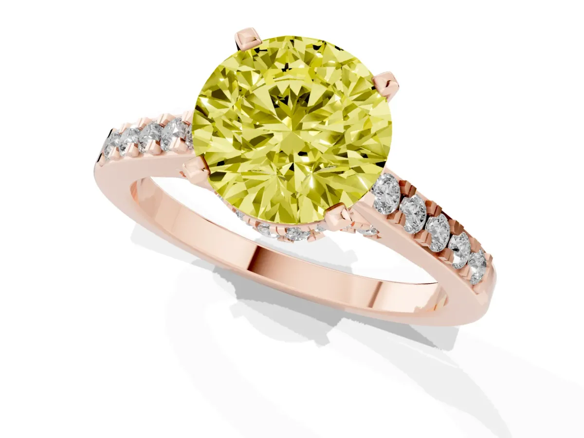 Fancy Yellow Round Cut Diamond Solitaire Ring with Crossover Gallery and Round Pavé Band Rose gold