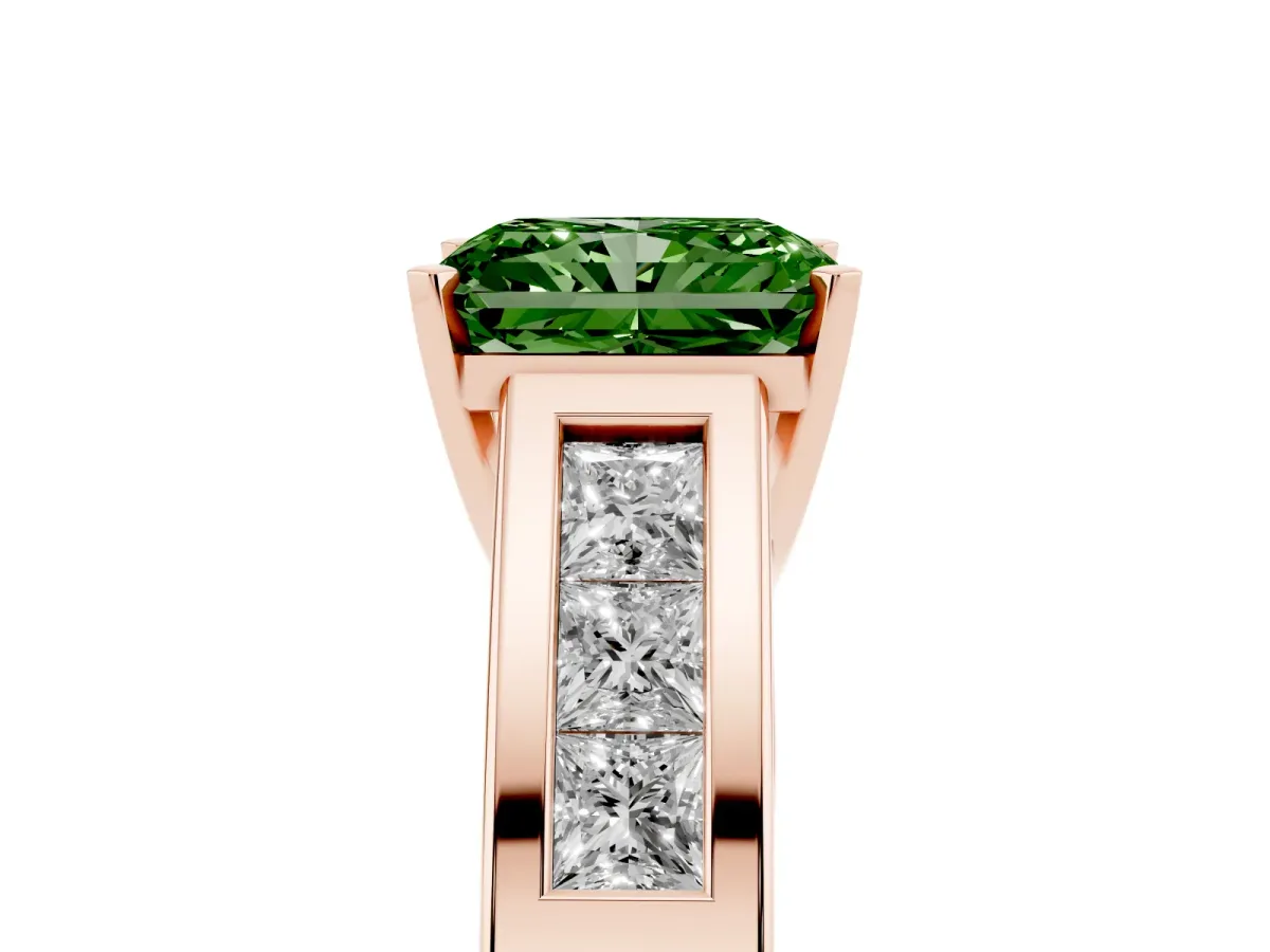 Fancy Green Radiant Cut Cut Channel Set Solitaire Ring with Four-Prong Setting Rose gold