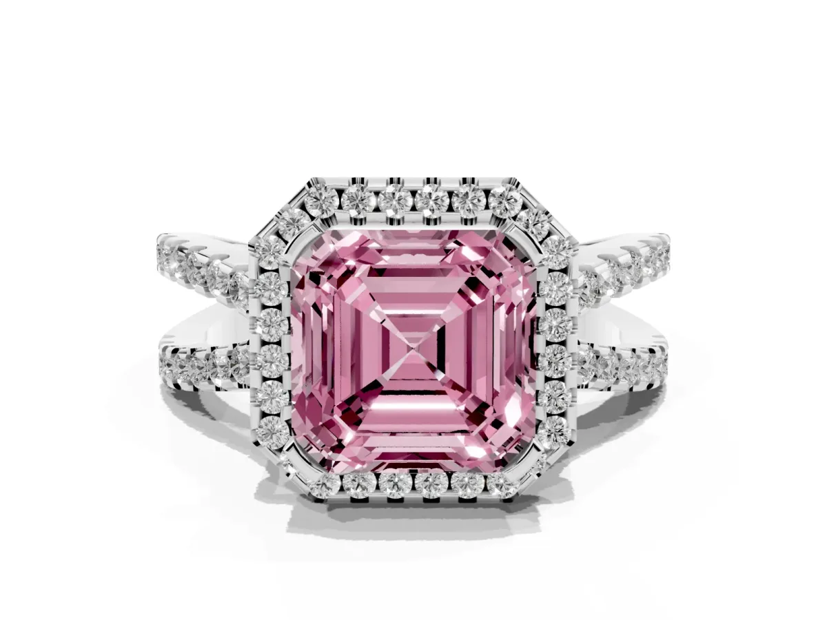 Fancy Pink Asscher Cut Diamond Halo Ring with Split Shank Pavé Band and Prong Setting Silver
