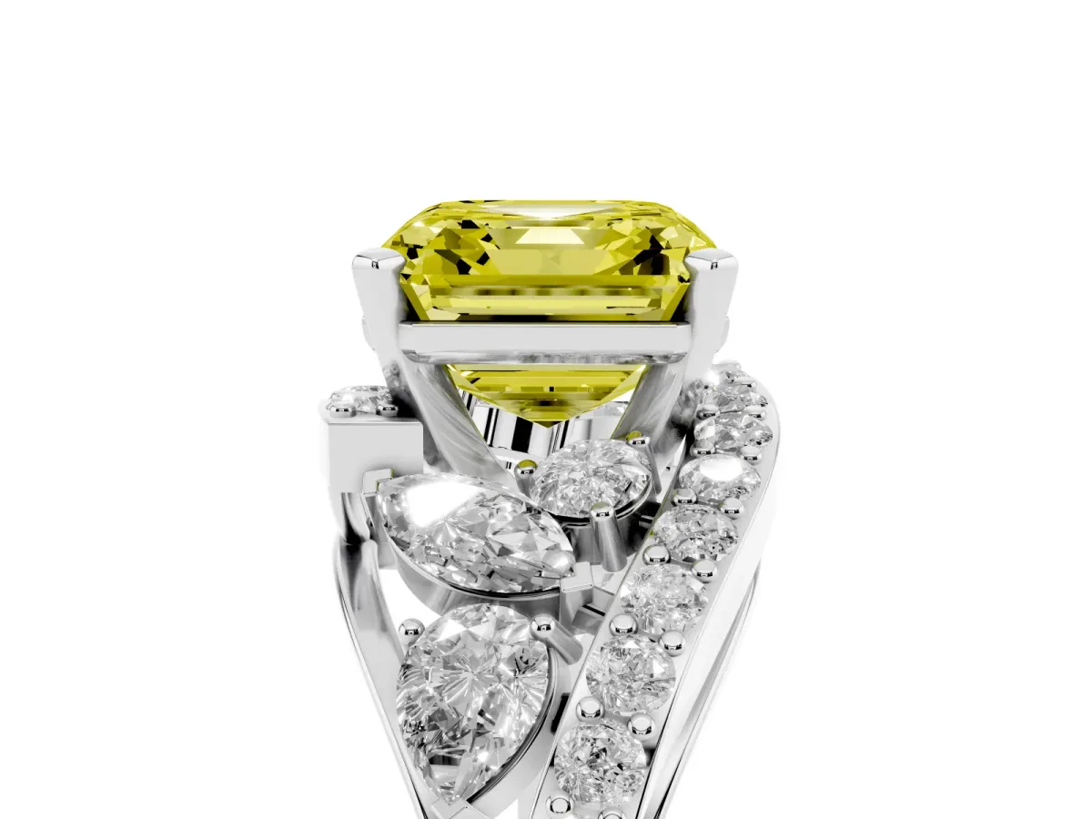 Fancy Yellow Asscher Cut Diamond Halo Ring with Marquise and Pavé Band in Prong Setting Platinum