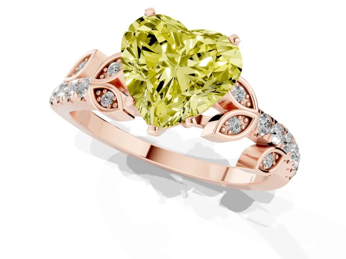 Fancy Yellow Heart Cut Solitaire Leaf-Inspired Diamond Ring with Pavé Band and Four-Prong Setting Rose gold