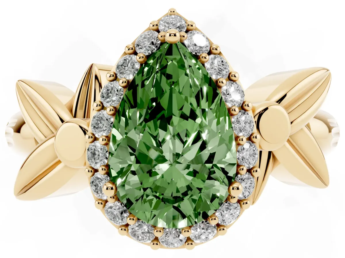 Fancy Green Pear Cut Halo Diamond Floral Band with Four-Prong Setting Yellow gold