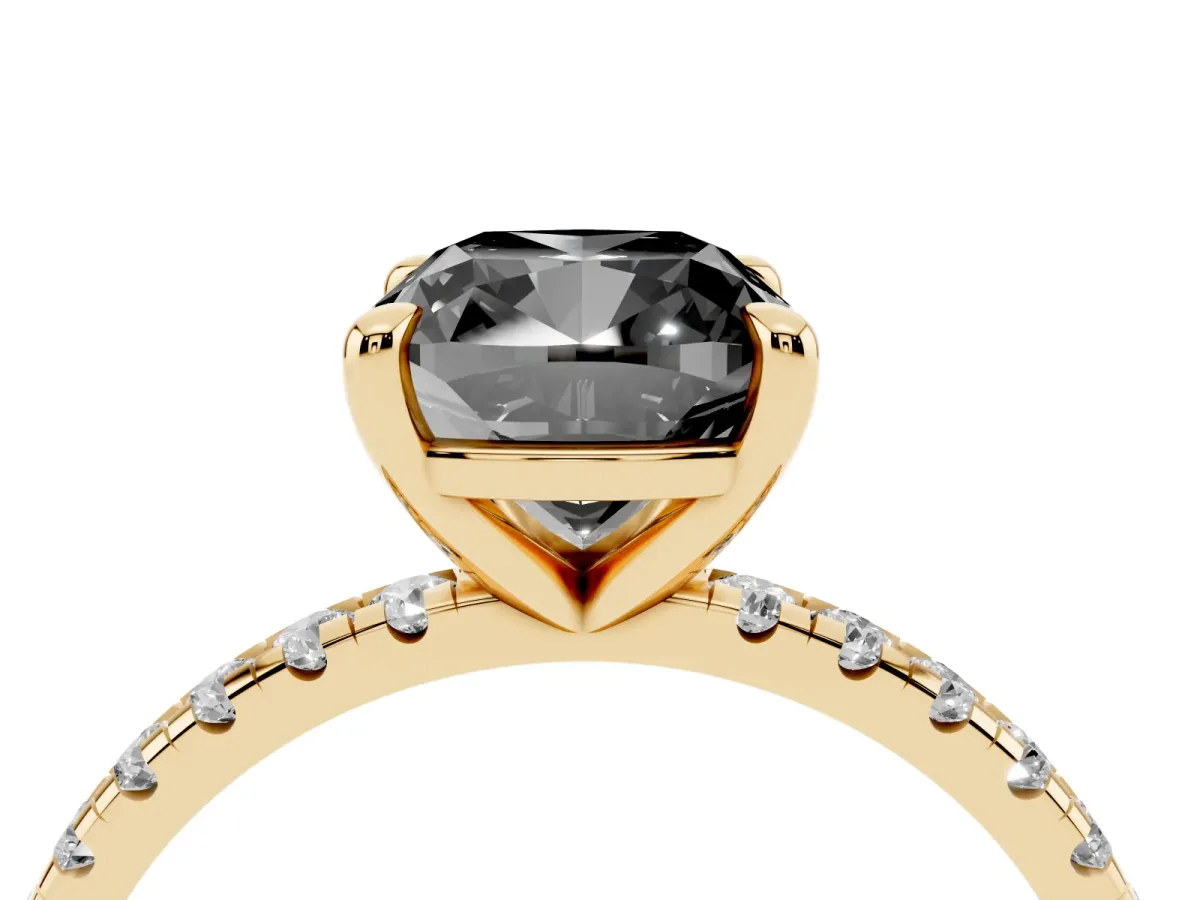 Fancy Black Cushion Cut Diamond Brilliant Solitaire Ring with Pavé Band and Four-Prong Setting Yellow gold