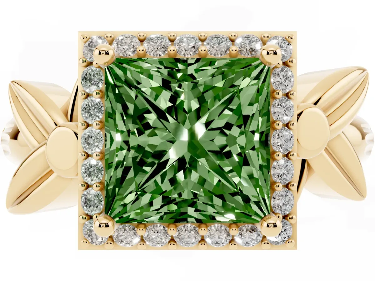 Fancy Green Princess Cut Halo Diamond Floral Band with Four-Prong Setting Yellow gold