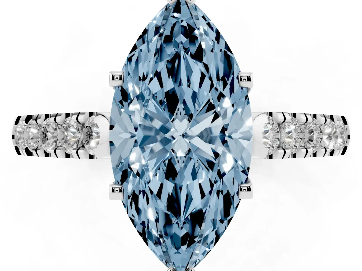 Fancy Blue Marquise Cut Diamond Pavé Band Solitaire Ring with Prong Setting Silver