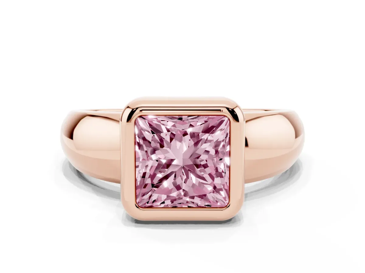 Fancy Pink Bezel Set Princess Cut Solitaire Ring with Wide Band Rose gold