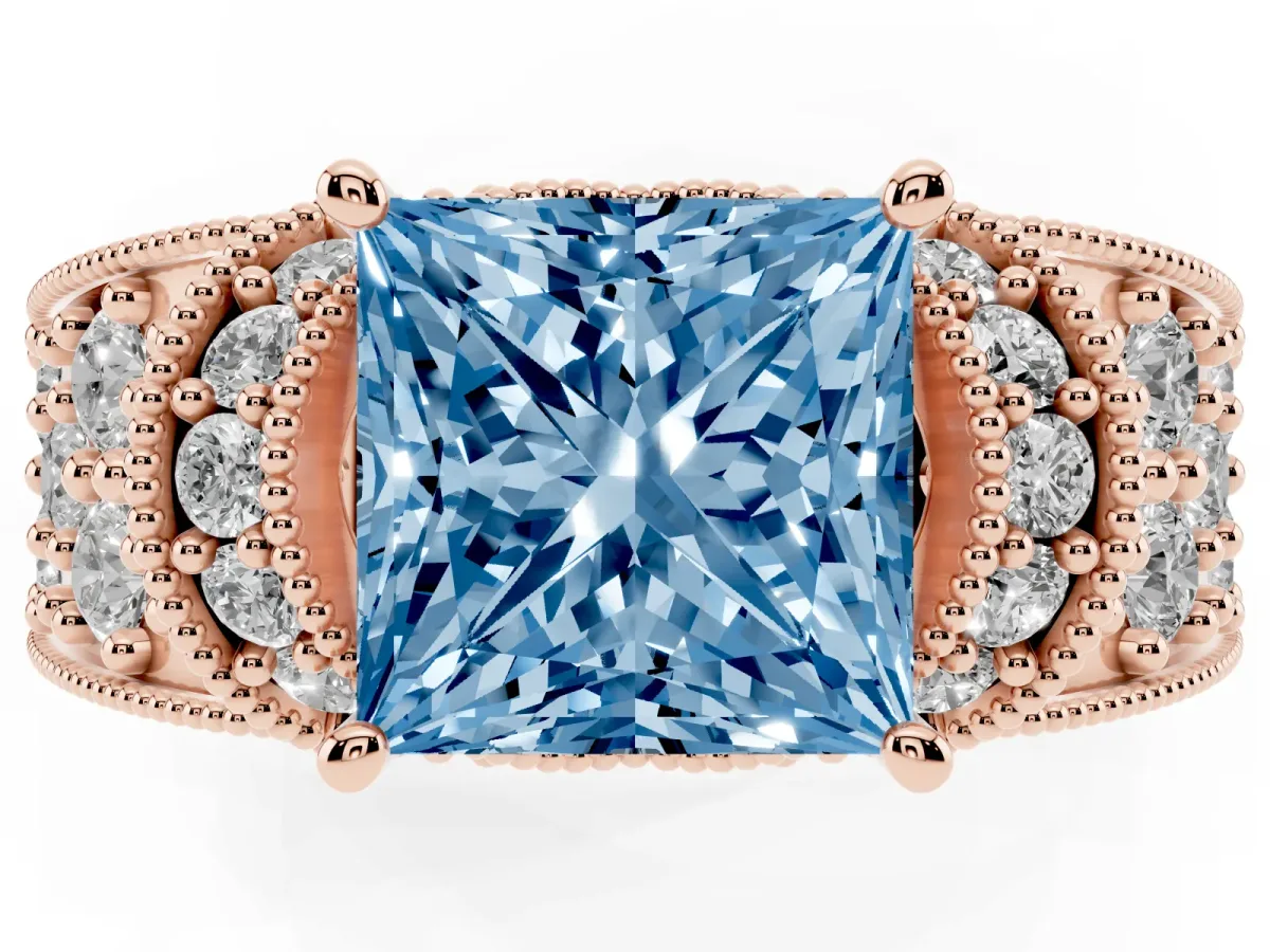 Fancy Blue Princess Cut Halo Pave Diamond Engagement Ring with Milgrain Detailing Rose gold