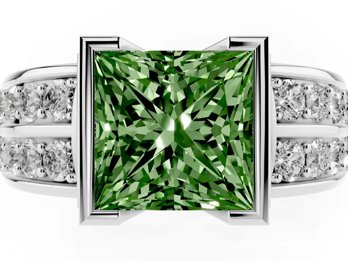 Fancy Green Princess Cut Brilliant Diamond Channel Set Wide Band Ring with Bezel Setting Silver