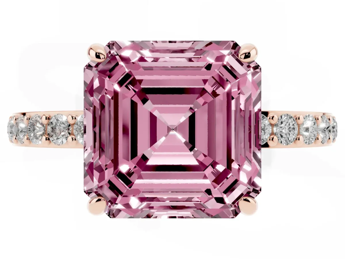Fancy Pink Asscher Cut Diamond Solitaire Engagement Ring with Pavé Band and Four-Prong Setting Rose gold