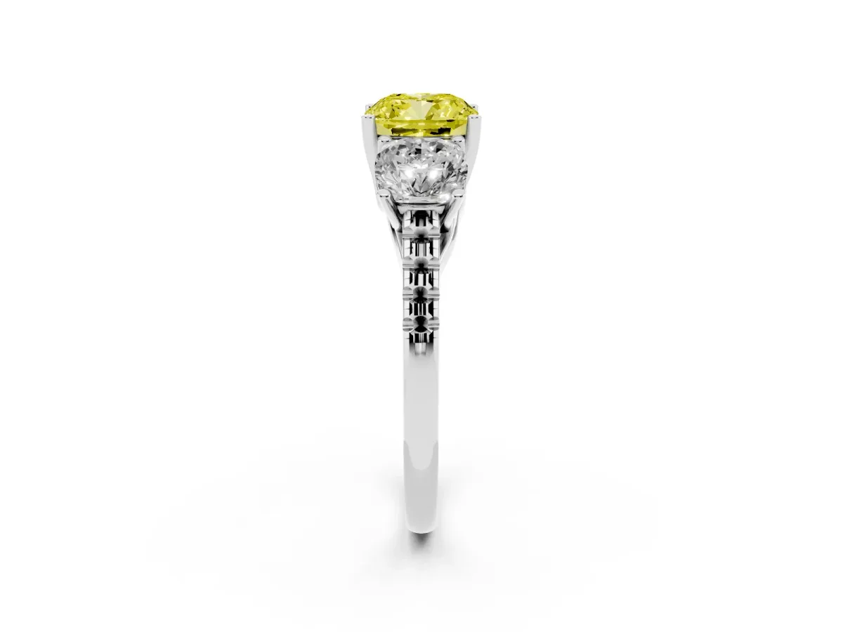 Fancy Yellow Three-Stone Cushion Cut Diamond Ring with Round Pavé Band and Prong Setting Silver