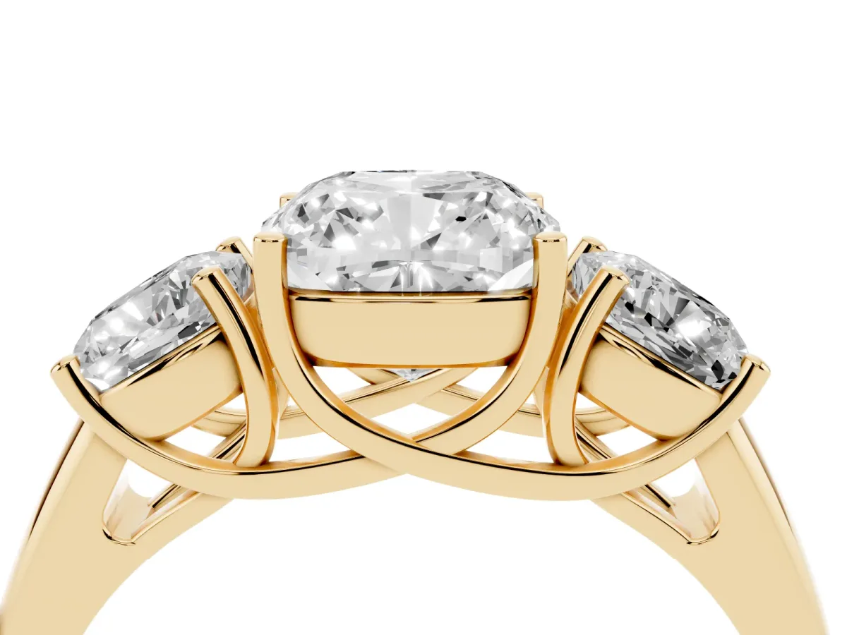 Three-Stone Cushion Cut Diamond Engagement Ring with Prong Setting Yellow gold