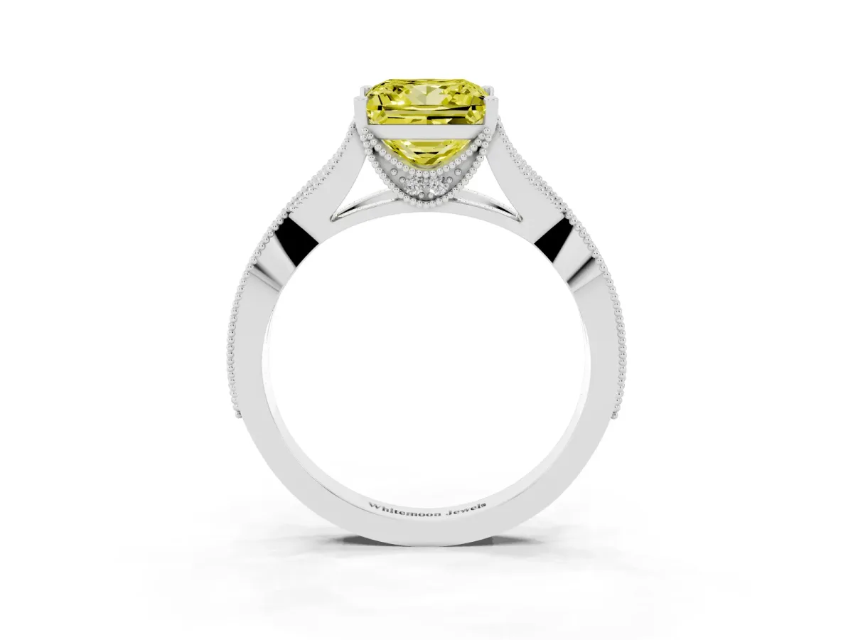 Fancy Yellow Princess Cut Cut Diamond Twisted Band with Milgrain Pave Setting and Four-Prong Setting Silver