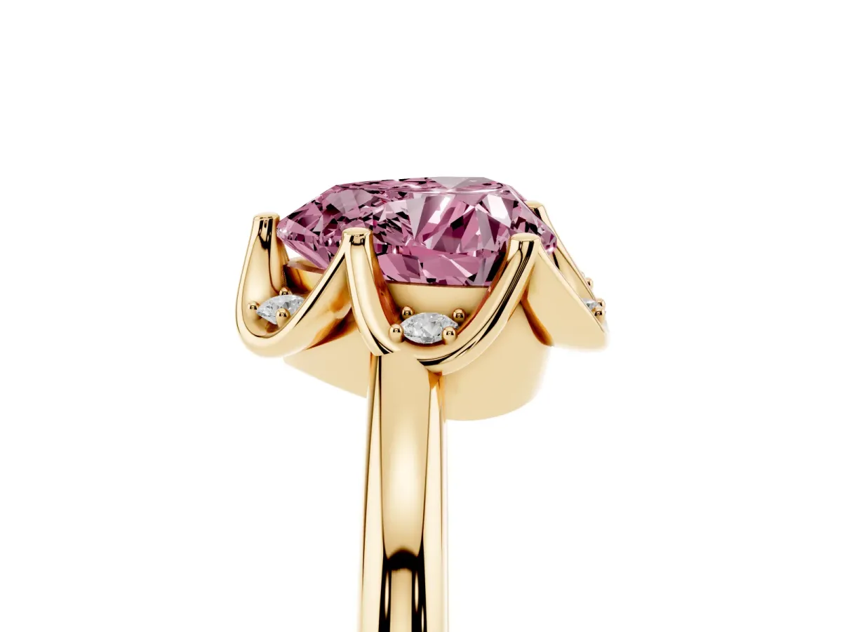 Fancy Pink Heart Cut Halo Diamond Ring with Round Cluster Setting, Solitaire Band, and Four-Prong Setting Yellow gold