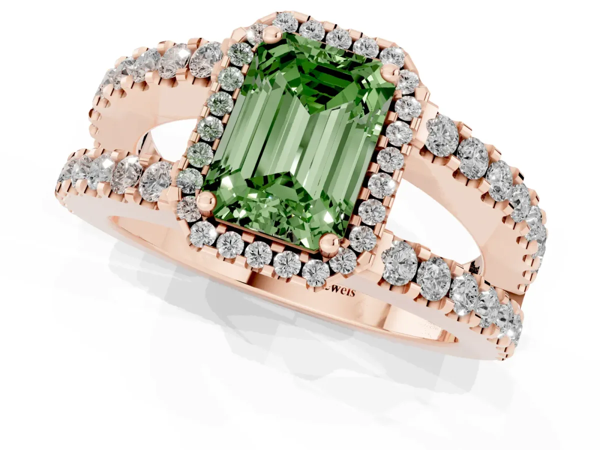 Fancy Green Emerald Cut Cut Halo Split Shank Diamond Ring with Four-Prong Setting Rose gold