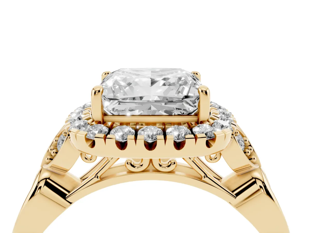Princess Cut Halo Diamond Engagement Ring with Vintage-Inspired Band and Four-Prong Setting Yellow gold