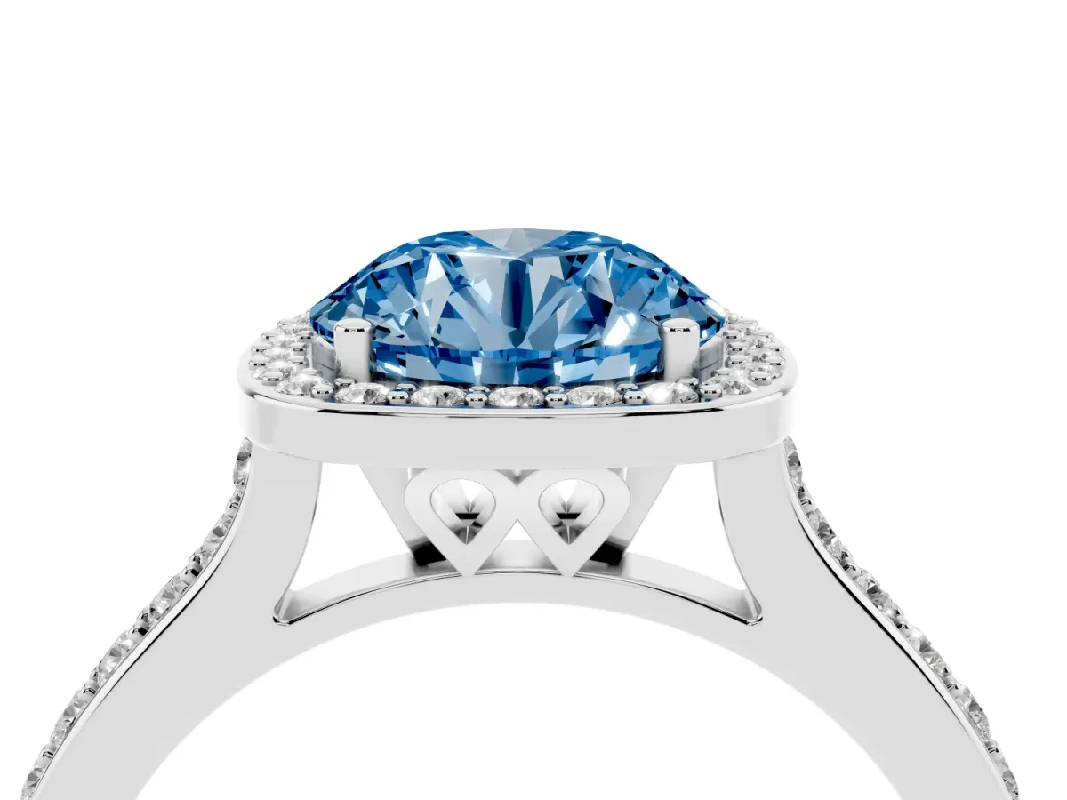 Fancy Blue Round Cut Diamond Halo Engagement Ring with Round Pavé Shoulders and Prong Setting Platinum