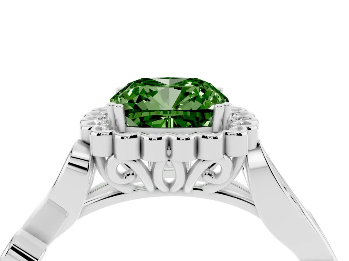 Fancy Green Cushion Cut Diamond Halo Ring with Vintage Split Shank and Four-Prong Setting Silver