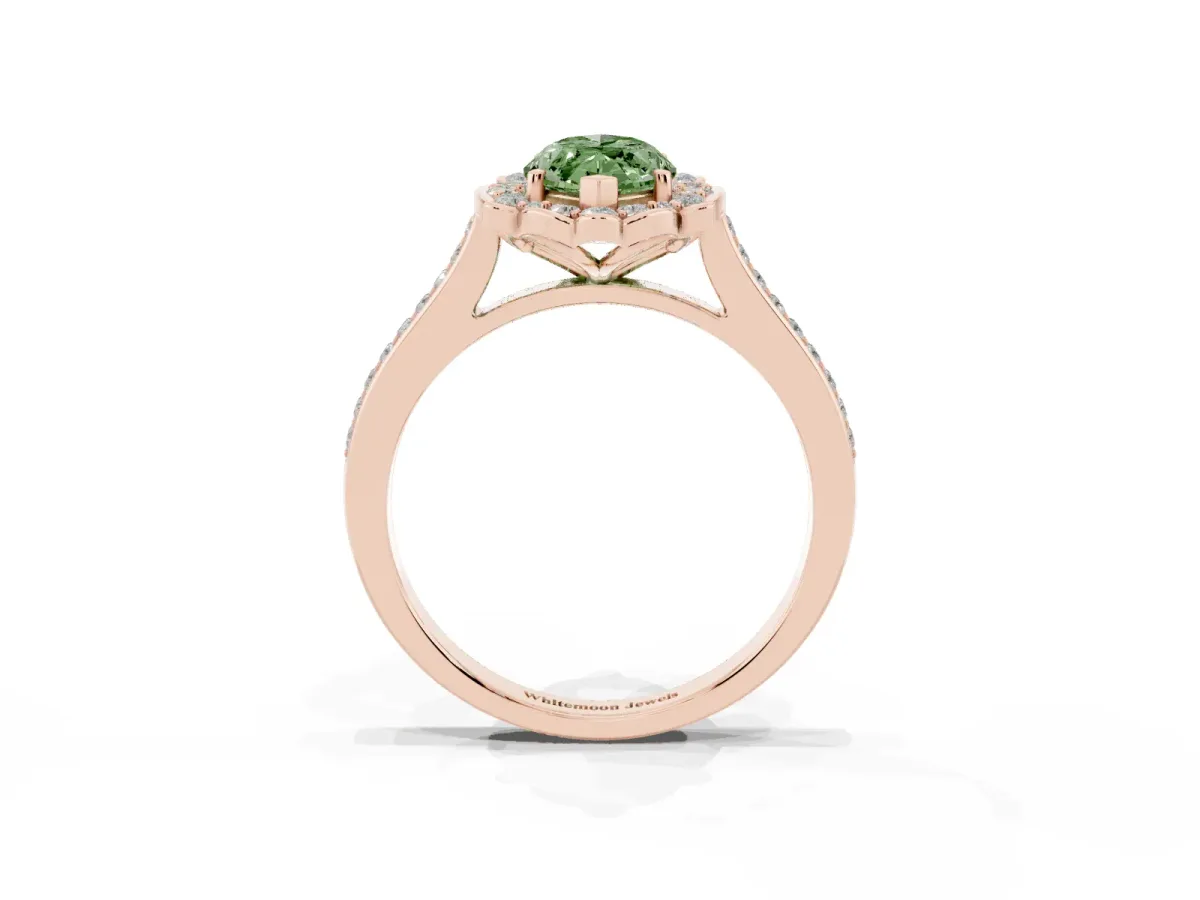Fancy Green Marquise Cut Halo Round Diamond Pave Band with Four-Prong Setting Rose gold