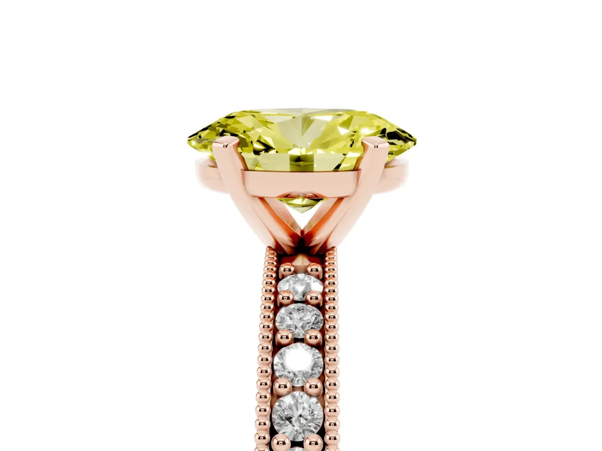 Fancy Yellow Oval Cut Diamond Milgrain Pavé Engagement Ring with Four-Prong Setting Rose gold