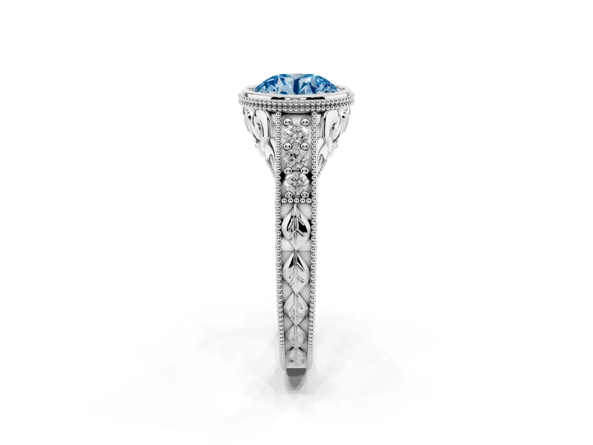Fancy Blue Bezel Set Round Cut Diamond Milgrain Pave Engagement Ring Platinum