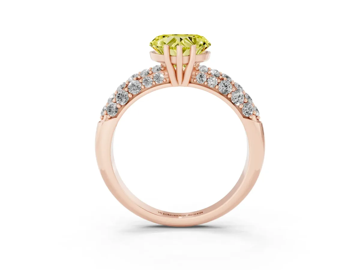 Fancy Yellow Heart Cut Diamond Pavé Band Solitaire Ring with Four-Prong Setting Rose gold