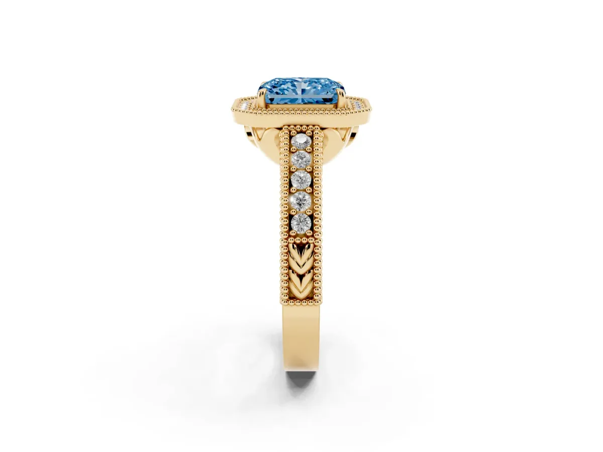 Fancy Blue Radiant Cut Cut Halo Diamond Ring with Pavé Band and Four-Prong Setting Yellow gold