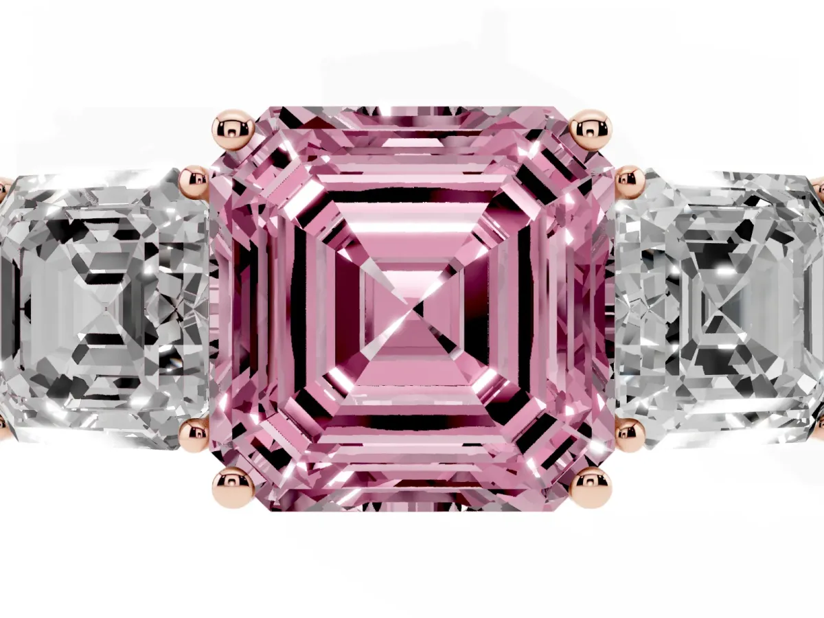Fancy Pink Three-Stone Asscher Cut Cut Diamond Engagement Ring with Flat Band and Four-Prong Setting Rose gold
