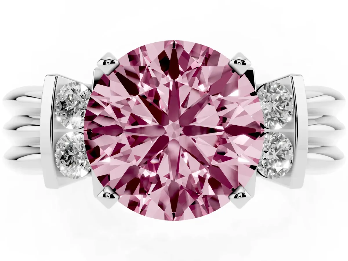 Fancy Pink Round Cut Cut Three-Stone Channel Set Ring with Bar Prongs Silver