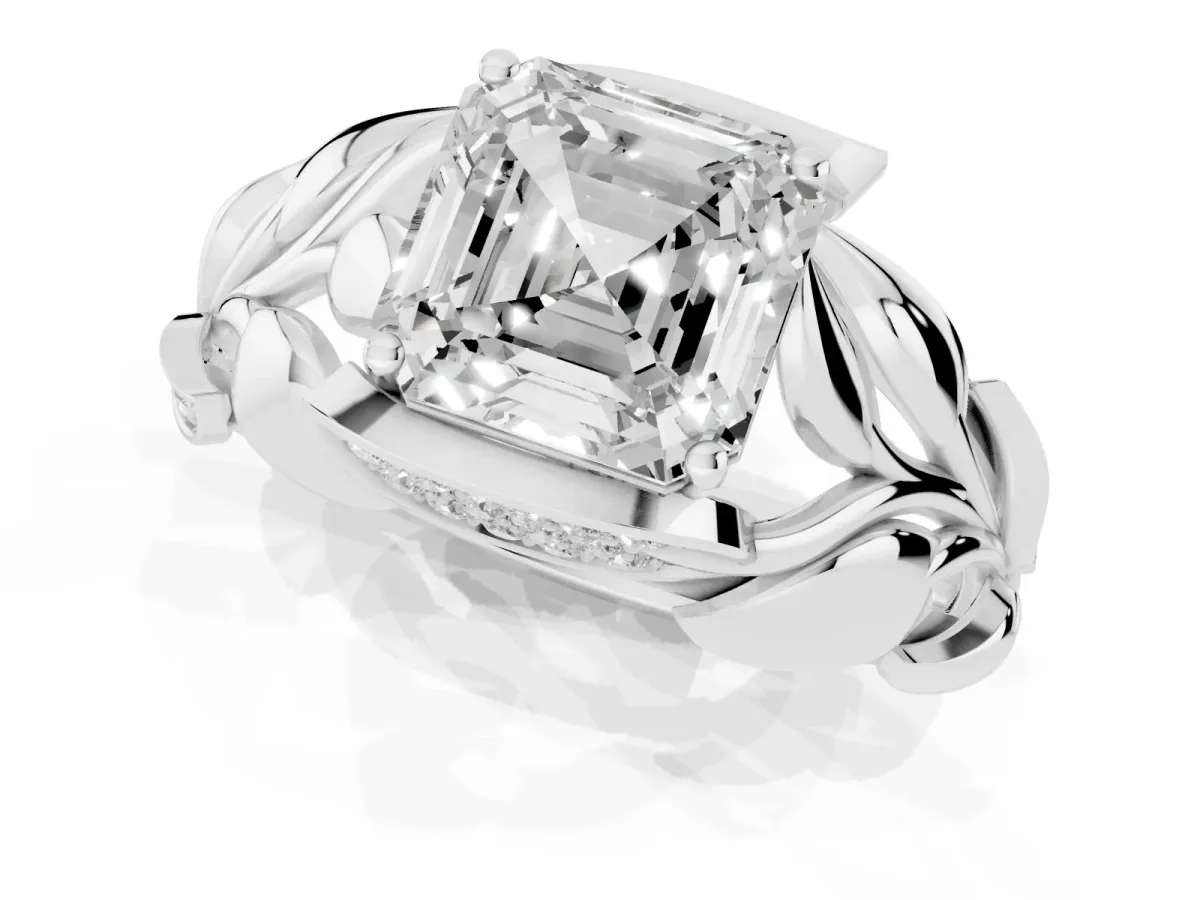 Asscher Cut Diamond Leaf-Inspired Engagement Ring with Round Accents and Prong Setting Silver