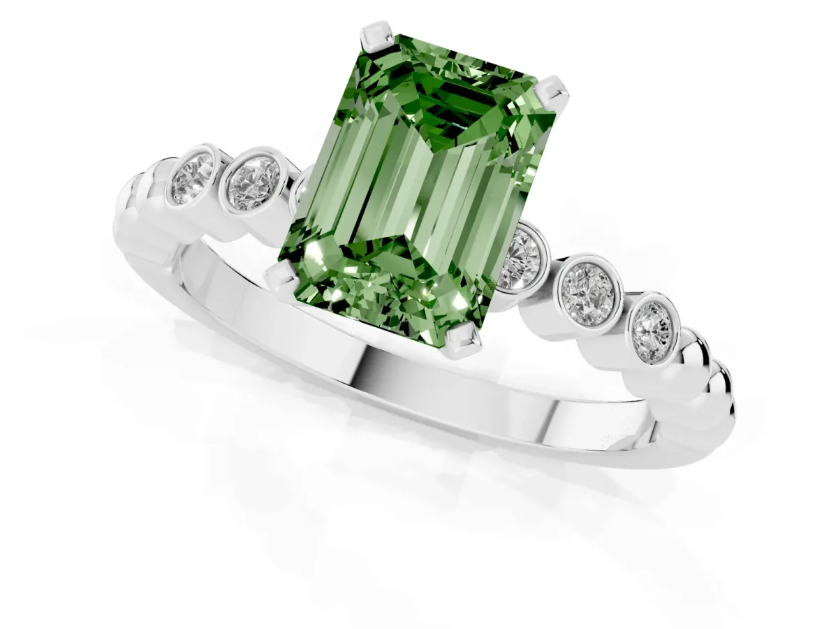 Fancy Green Emerald Cut Solitaire Bezel Accent Diamond Engagement Ring with Beaded Band and Four-Prong Setting Silver