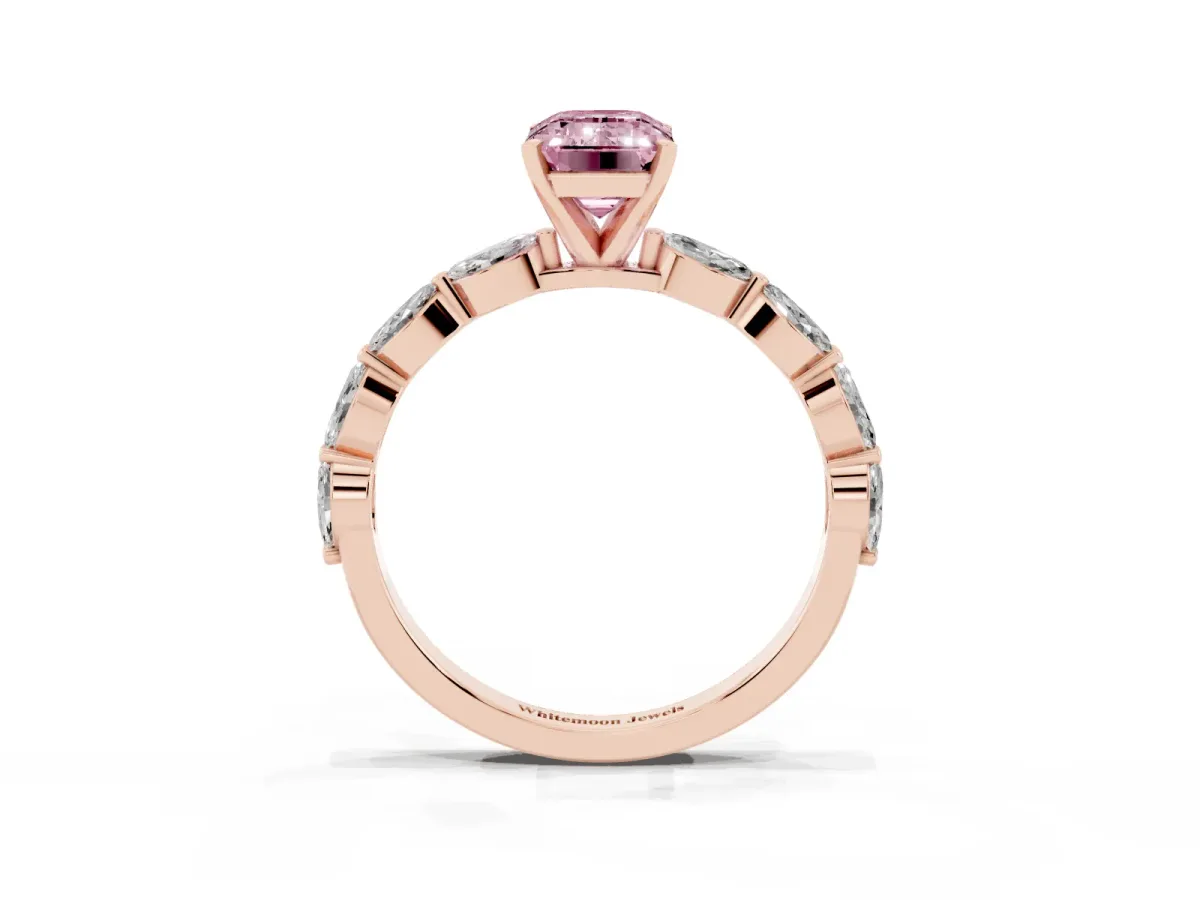 Fancy Pink Emerald Cut Diamond Ring with Marquise Side Stones and Prong Setting Rose gold