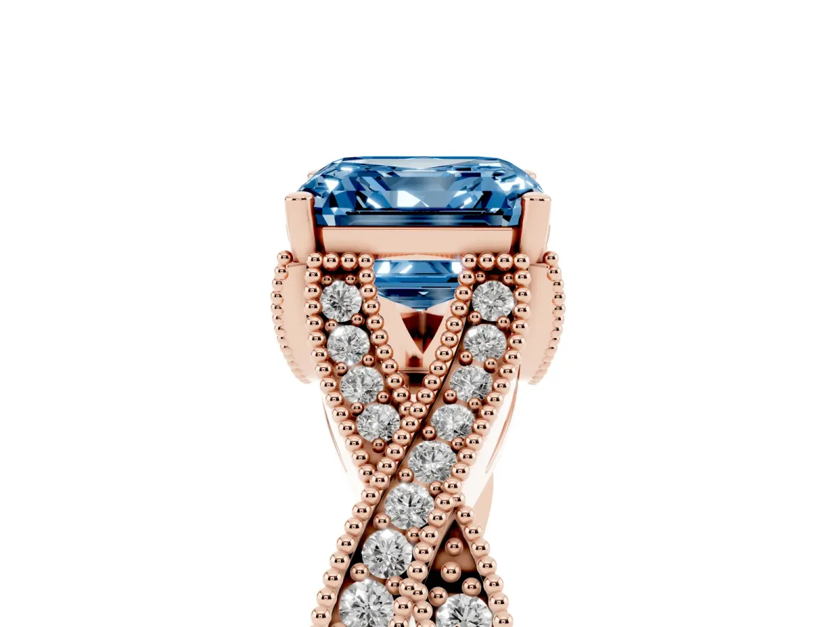 Fancy Blue Asscher Cut Cut Diamond Twisted Band with Milgrain Pave Setting and Four-Prong Setting Rose gold